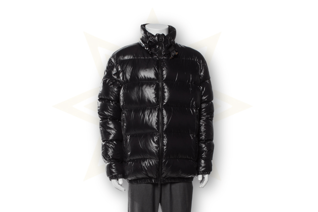 Piumino Moncler x 1017 Alyx 9SM nero lucido uomo – collezione Genius con zip e logo interno.