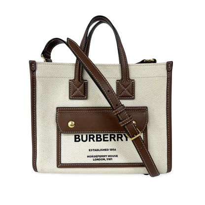 Burberry Mini Freya Tote in Tela e Pelle – Naturale/Marrone – 22 cm - Etoilux