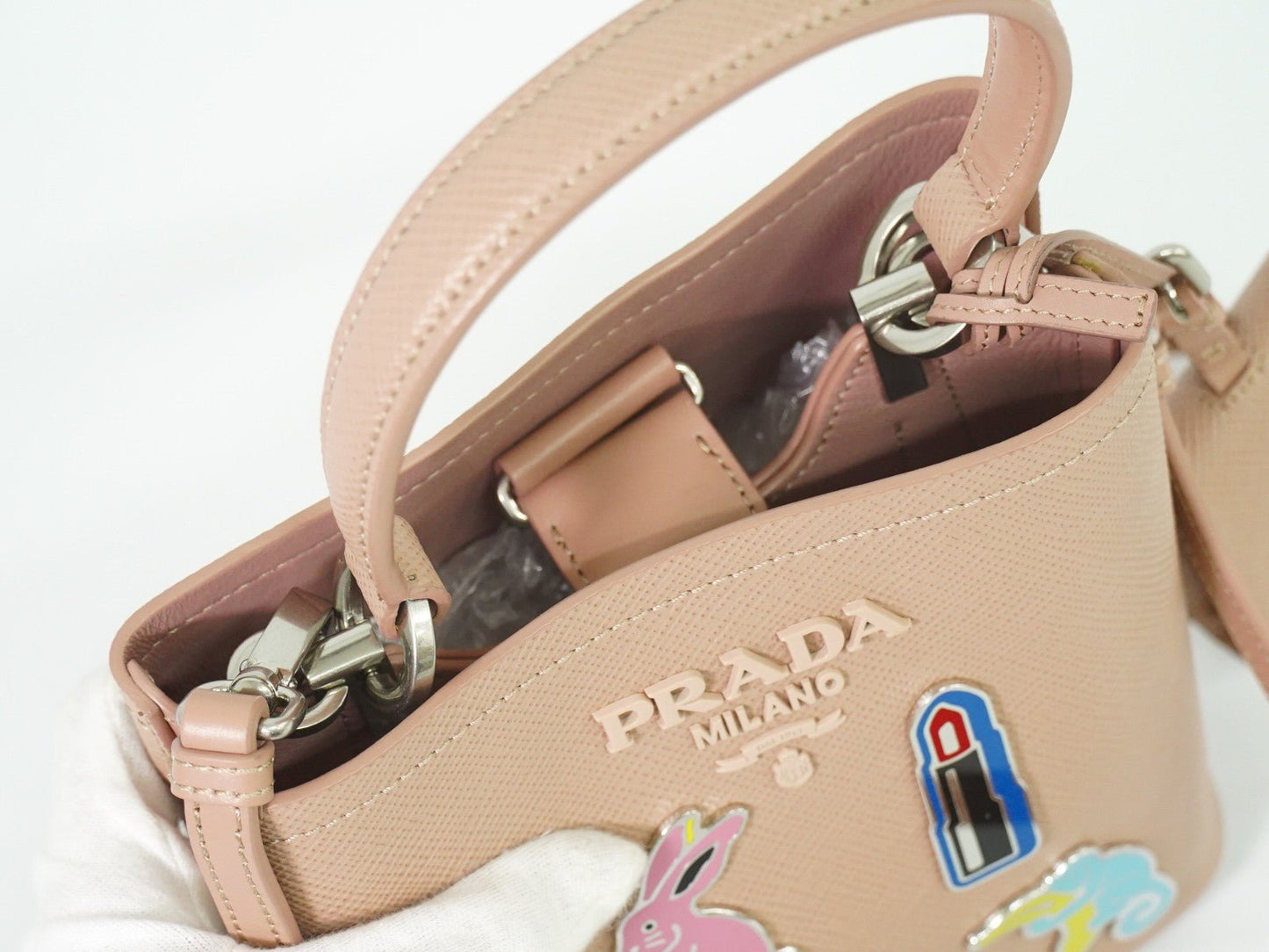 Prada Panier Bucket Bag in Saffiano Leather Beige – Limited Edition Pins - Etoilux