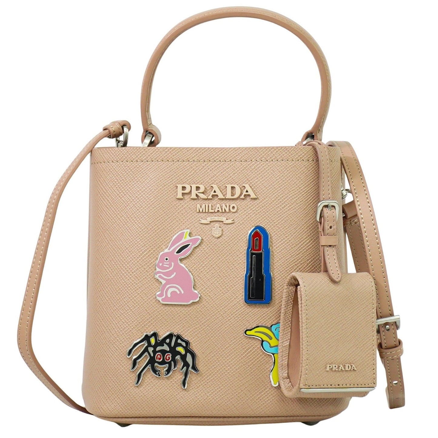 Prada Panier Bucket Bag in Saffiano Leather Beige – Limited Edition Pins - Etoilux