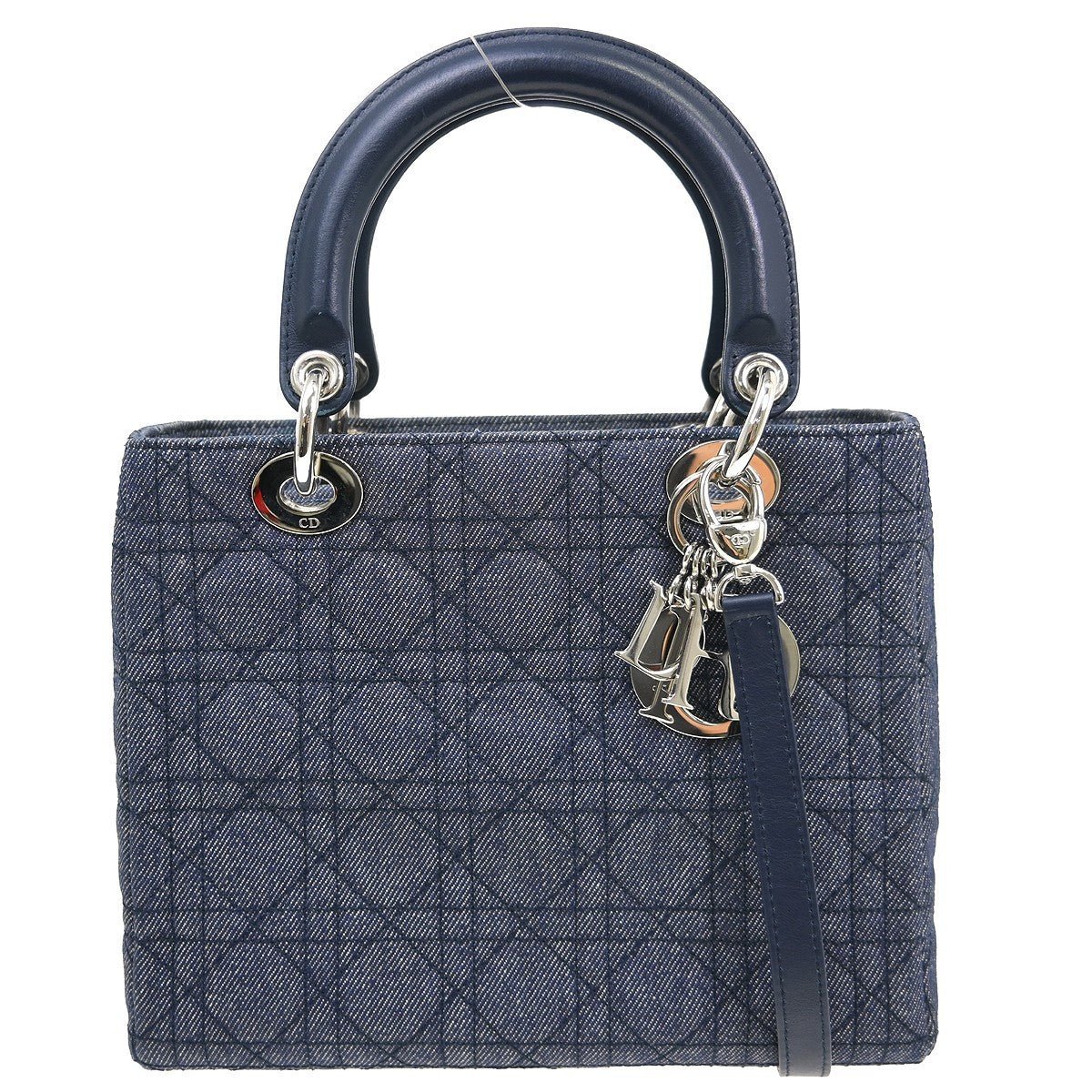 Lady Dior medium denim cannage blu navy charm argento vista frontale
