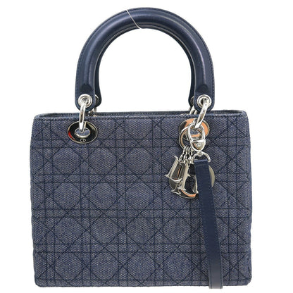 Lady Dior medium denim cannage blu navy charm argento vista frontale
