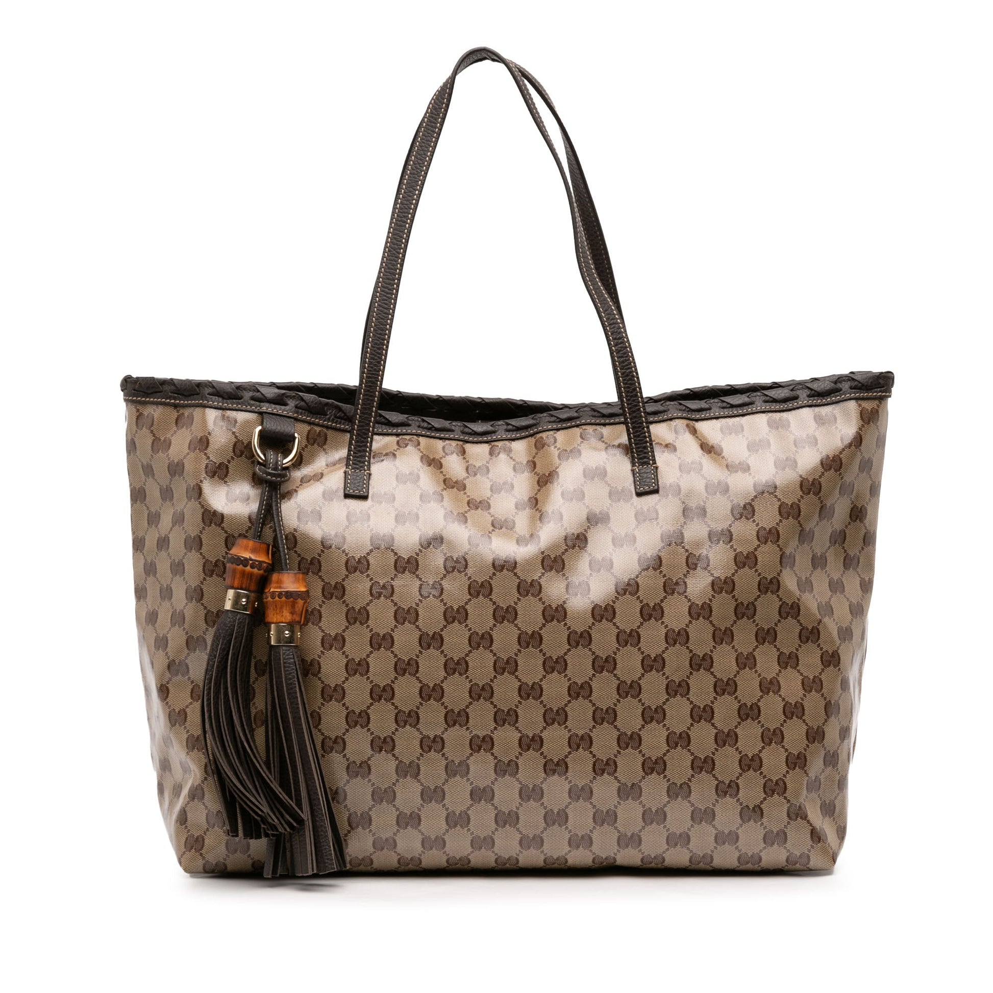 Gucci Peggy Tote GG Crystal canvas marrone vista frontale, dettaglio charm bamboo nappa pelle, bordo superiore intrecciato artigianale, interno fodera marrone con patch Gucci Made in Italy