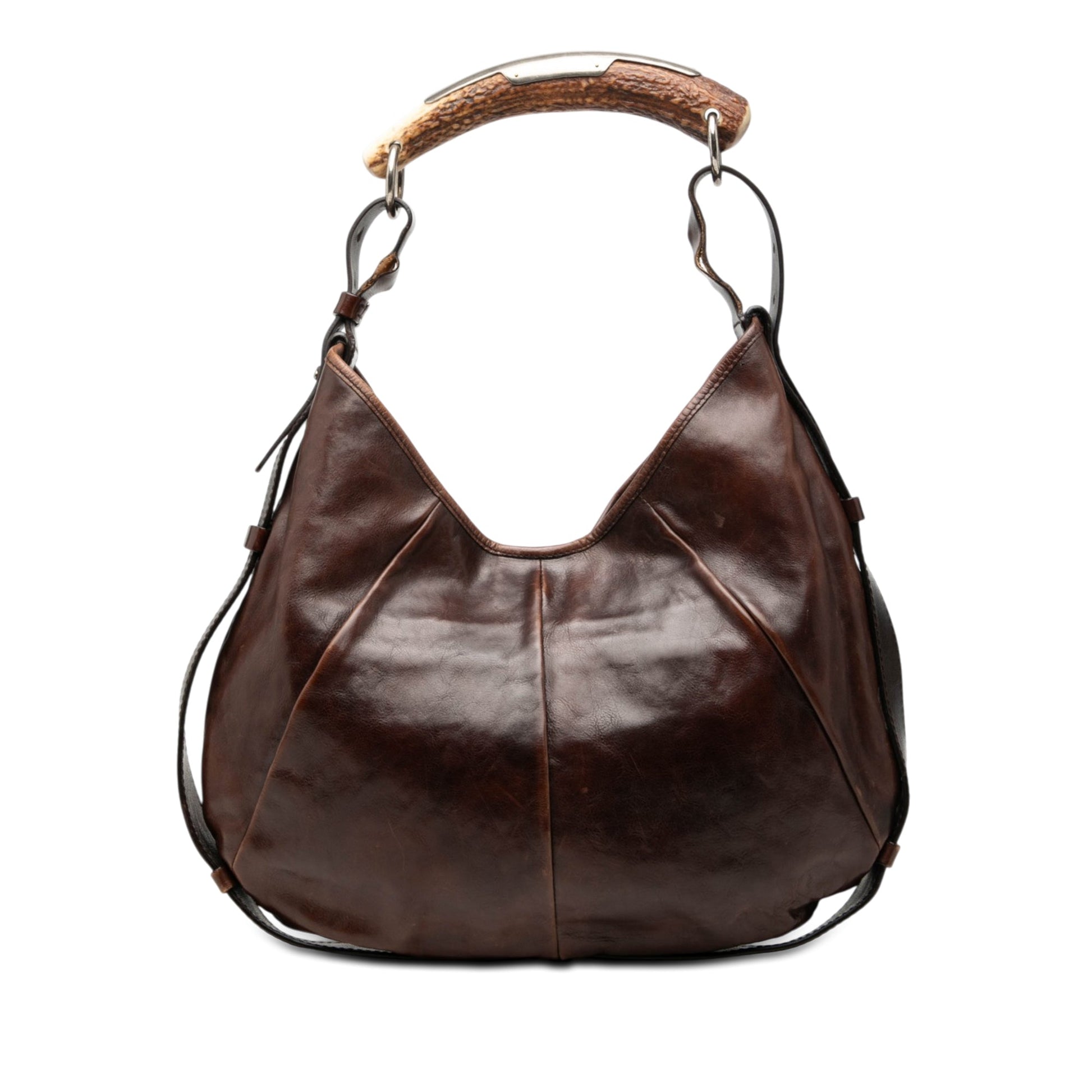 Borsa Yves Saint Laurent Rive Gauche Mombasa in pelle di vitello marrone con manico in corno e placca argentata.