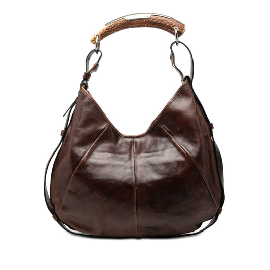 Borsa Yves Saint Laurent Rive Gauche Mombasa in pelle di vitello marrone con manico in corno e placca argentata.