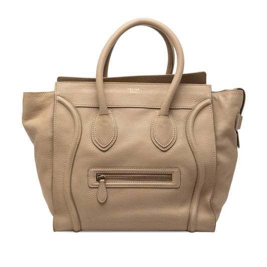 Borsa Céline Luggage Mini in pelle martellata beige Dune con hardware oro, vista frontale