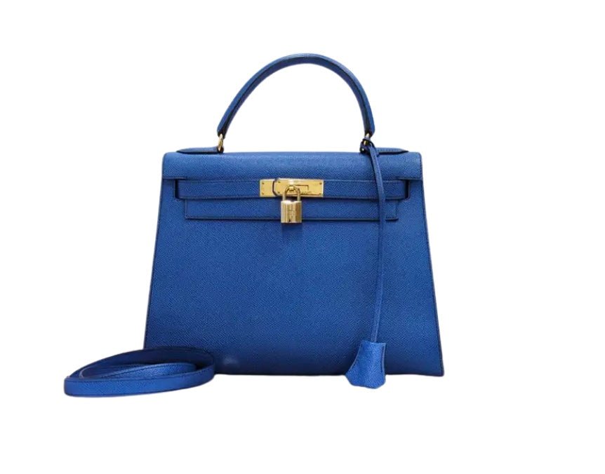 Hermès Kelly Sellier 28 pelle Courchevel blu hardware gold 