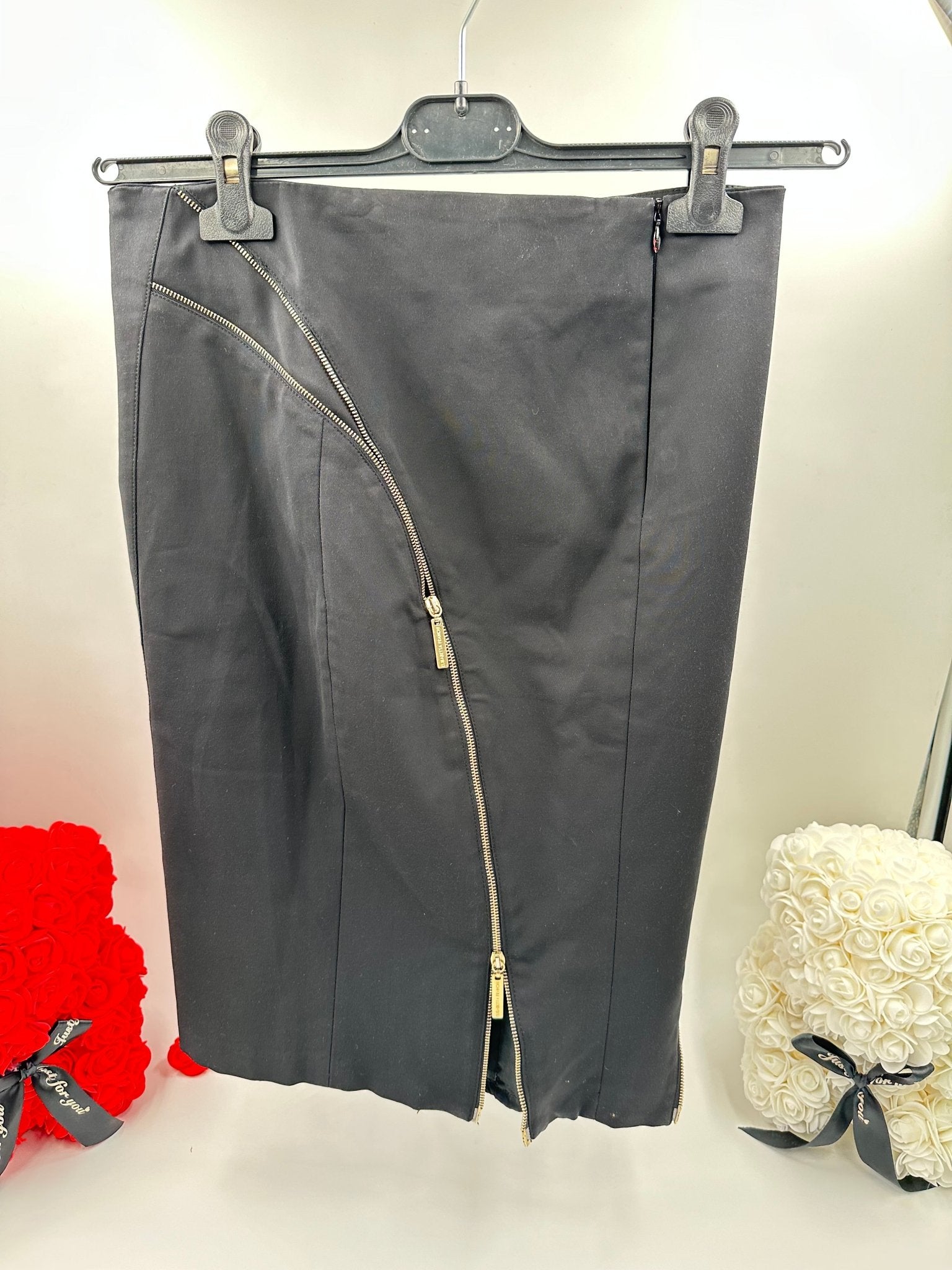 Elisabetta Franchi Gonna Midi Asimmetrica Nera con Zip Oro – Size 40 - Etoilux