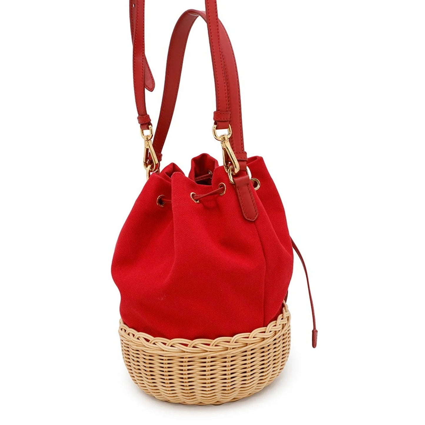 Prada Canapa e Rattan Bucket Bag Rosso – Medium - Etoilux