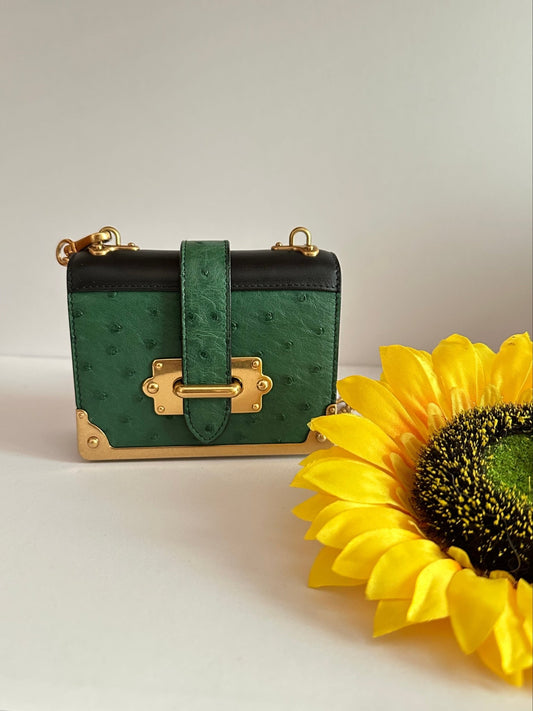 Prada Bandoliera Struzzo Verde & Nero – Full Set, Nuova - Etoilux