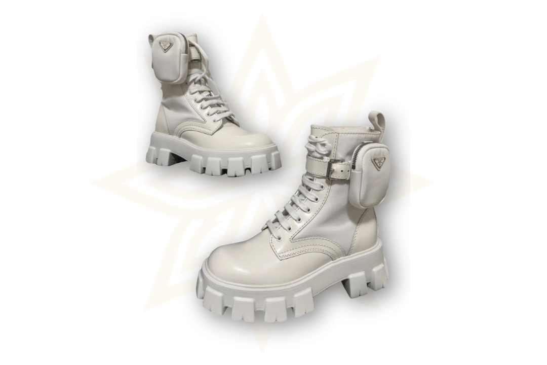 Prada Monolith Combat Boots in Pelle Bianca con Mini Pouch – Dust Bag e Box Originale - Etoilux