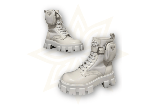 Prada Monolith Combat Boots in Pelle Bianca con Mini Pouch – Dust Bag e Box Originale - Etoilux