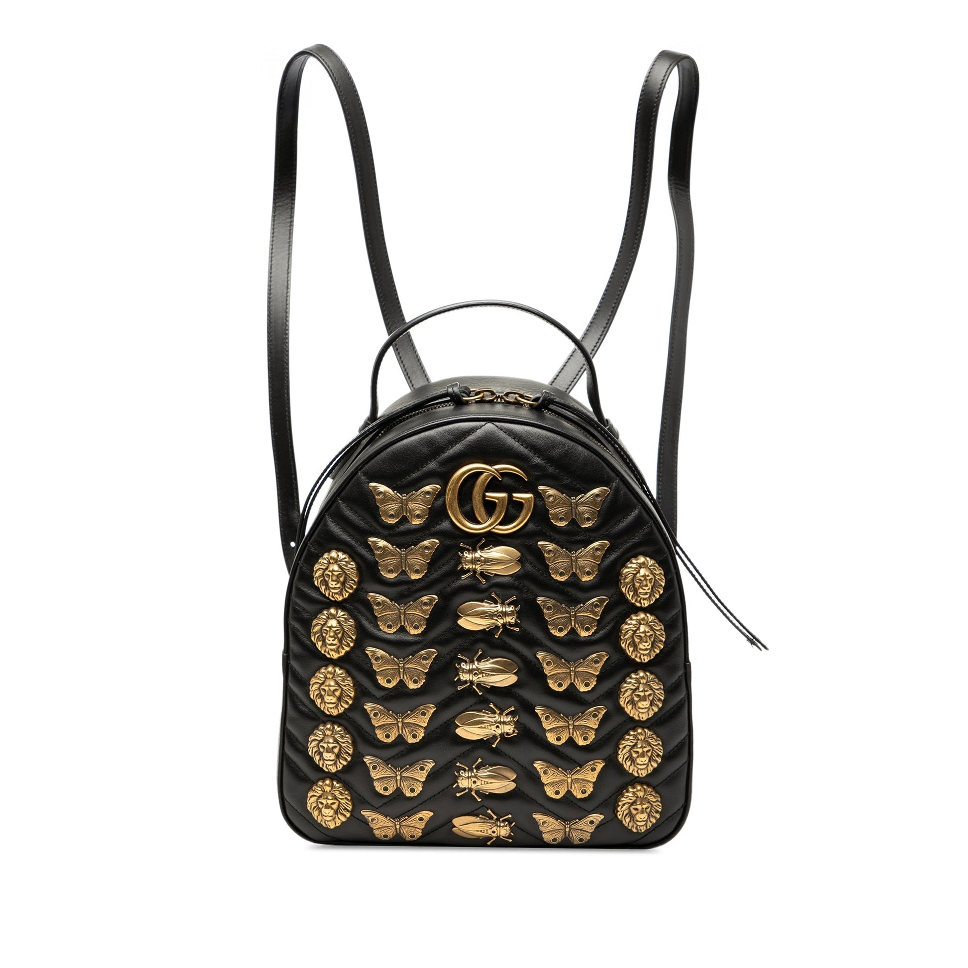 Gucci GG Marmont Matelassé Animalier Backpack pelle nera decorazioni dorate