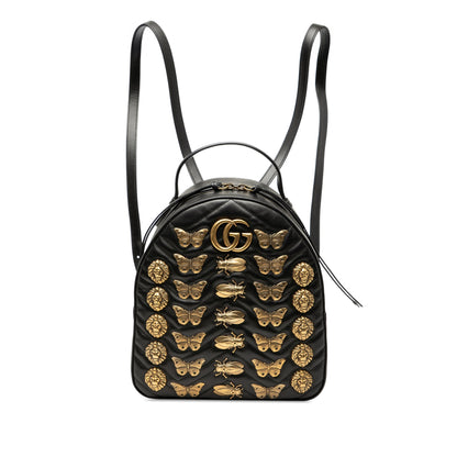 Gucci GG Marmont Matelassé Animalier Backpack pelle nera decorazioni dorate