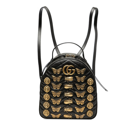Gucci GG Marmont Matelassé Animalier Backpack pelle nera decorazioni dorate