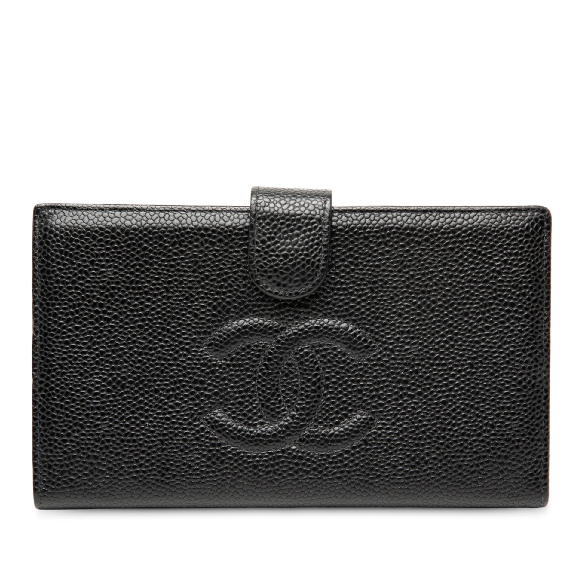 Chanel – Portafoglio lungo francese bifold CC in pelle Caviar nera - Etoilux
