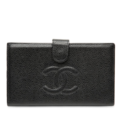 Chanel – Portafoglio lungo francese bifold CC in pelle Caviar nera - Etoilux