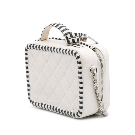 Chanel Small Filigree CC Vanity Case Caviar Bianco con Profili a Righe Nere – 2019 - Etoilux
