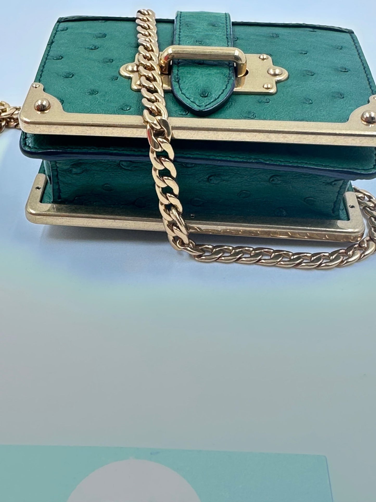 Prada Bandoliera 1BH058 Struzzo + City Verde + Nero – Hardware Oro – Full Set - Etoilux