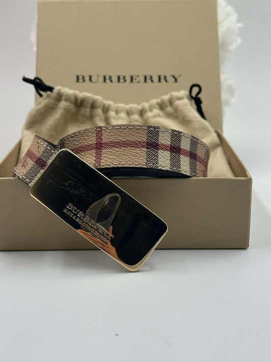 Cintura Burberry Haymarket Check con fibbia a placca dorata nella scatola originale