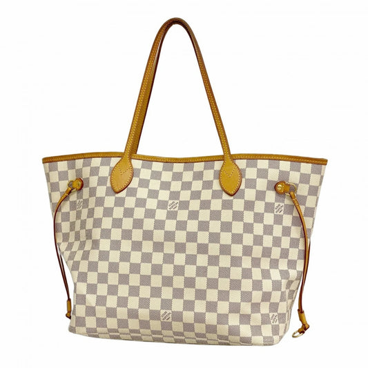 Louis Vuitton Neverfull MM Damier Azur Canvas – Borsa tote bianca con finiture in vacchetta naturale, vista frontale e dettagli interni.