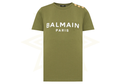 T-shirt Balmain Paris in cotone verde con bottoni dorati – Nuova con etichette - Etoilux