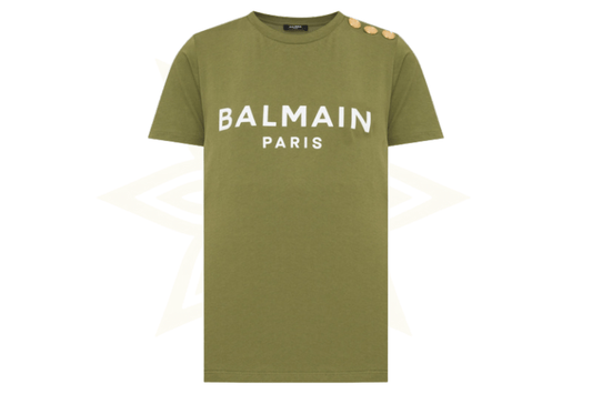 T-shirt Balmain Paris in cotone verde con bottoni dorati – Nuova con etichette - Etoilux