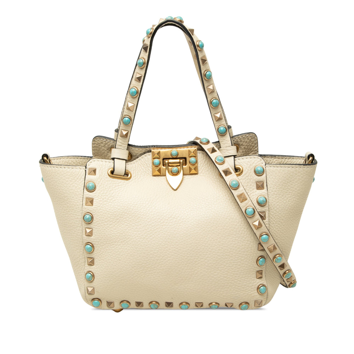 Borsa Valentino Garavani Rockstud Rolling mini tote in pelle martellata avorio con borchie dorate e cabochon turchese, vista frontale