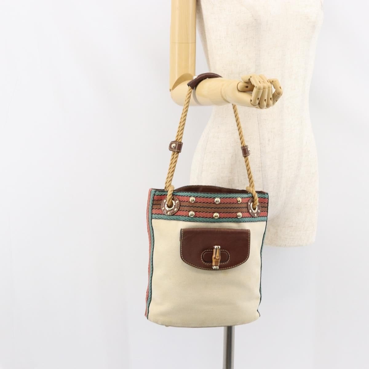 Gucci Vintage Bamboo Bucket Bag Canvas Beige Web Stripe – 23 cm - Etoilux