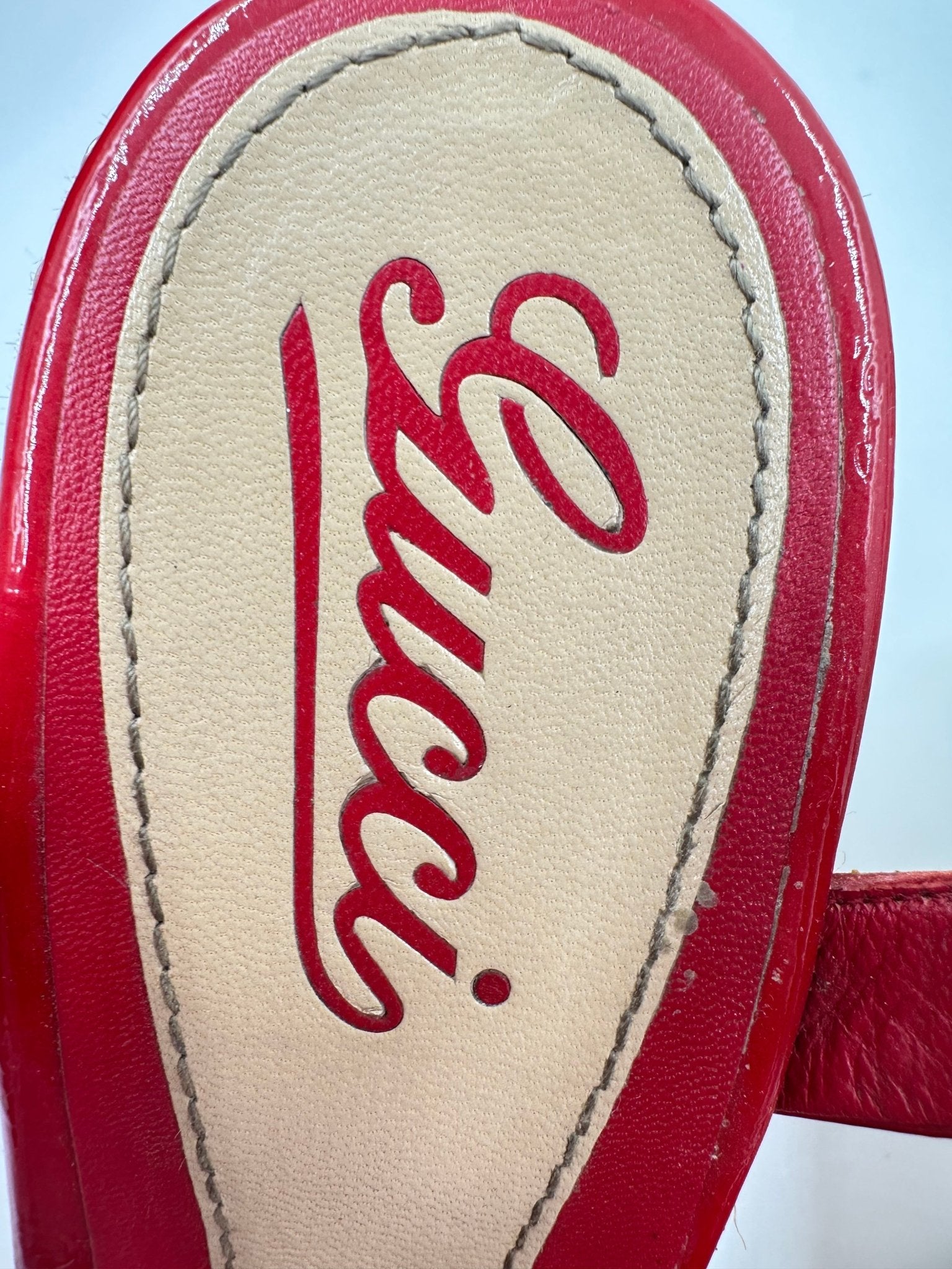 Gucci Penelope Sandalo Espadrille Zeppa Micro Guccissima Patent Leather Rosso – Size 39 - Etoilux