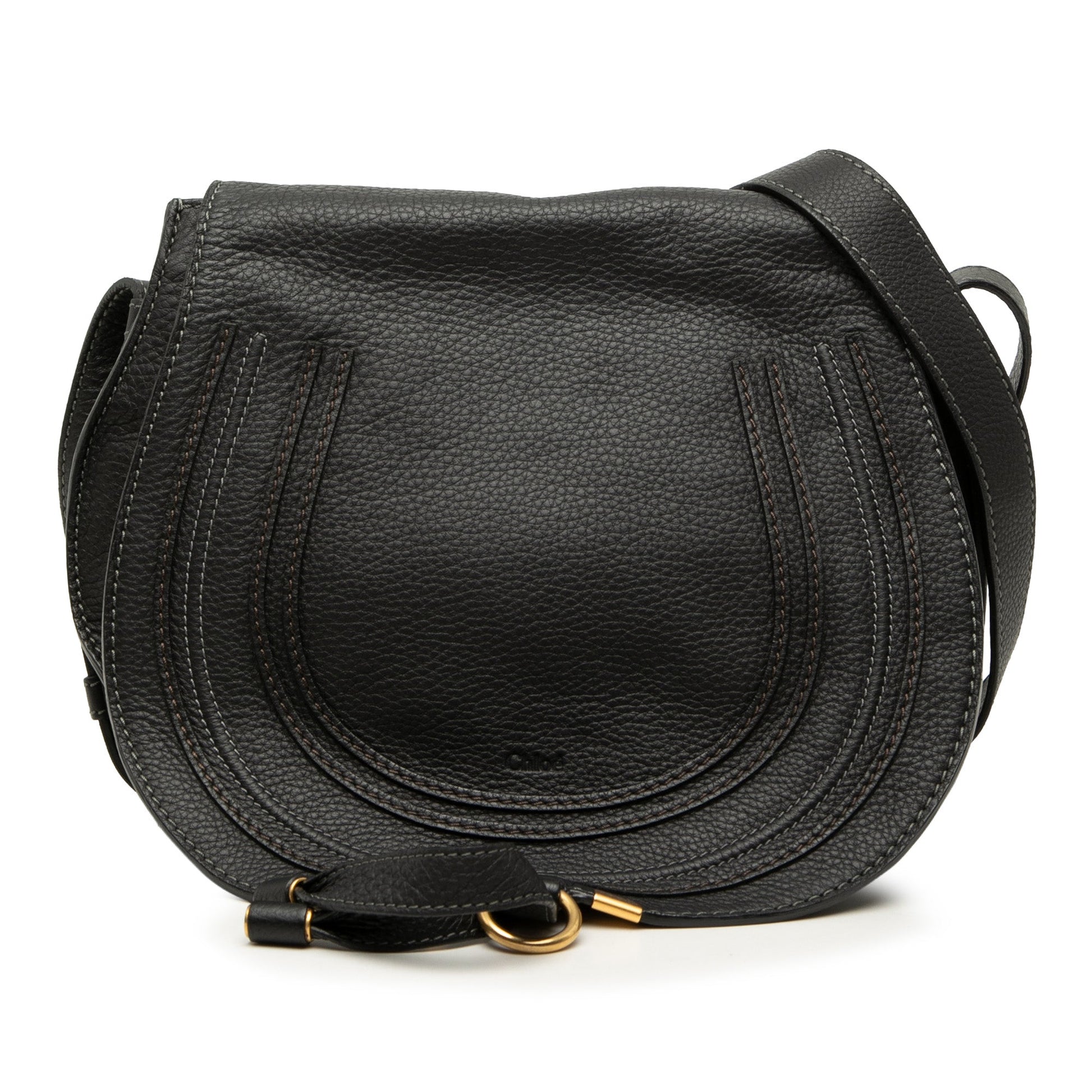 Borsa tracolla Chloé Marcie nera in pelle di vitello vista frontale.