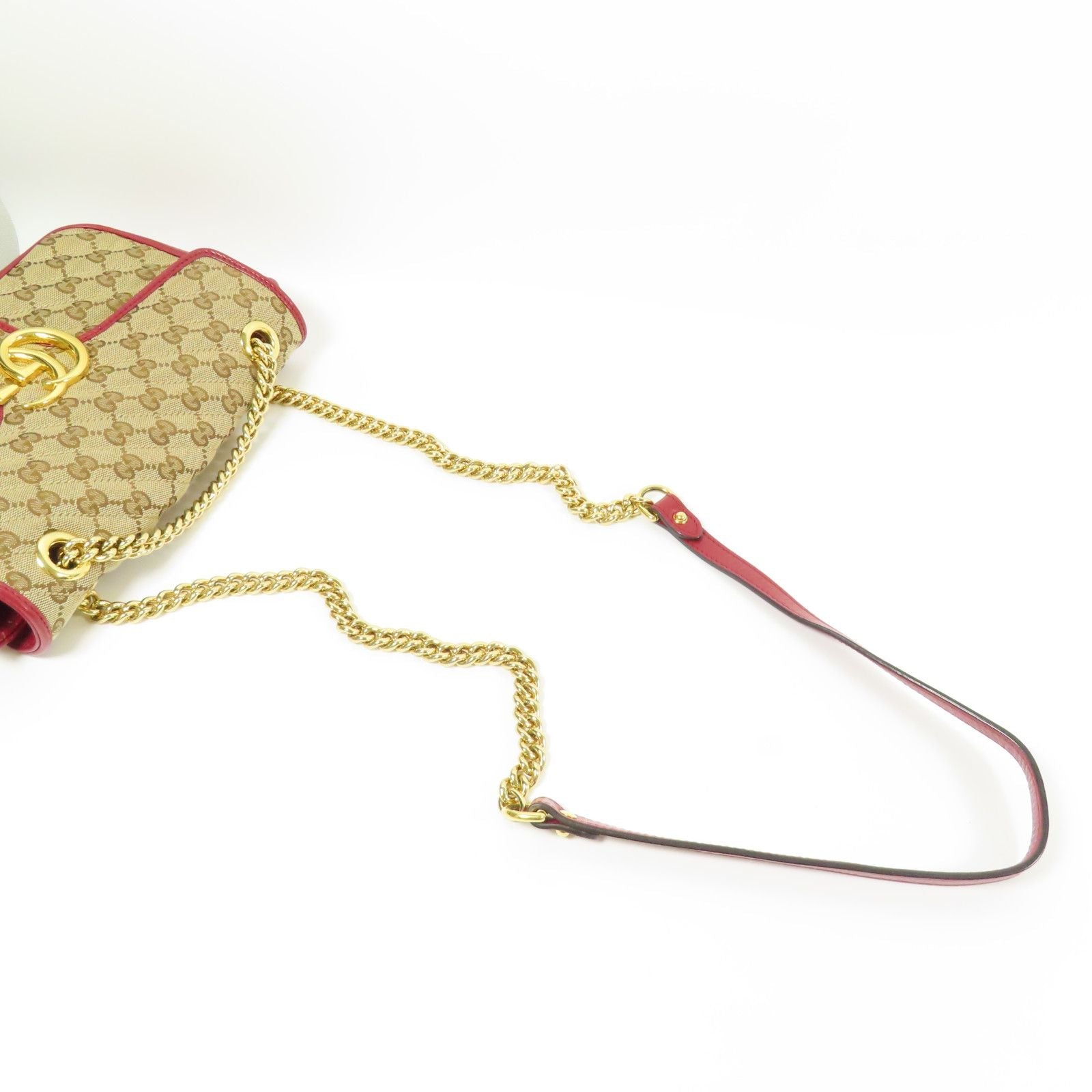 Gucci GG Marmont Small Shoulder Bag – Canvas GG Beige/Rosso con Tracolla a Catena Dorata – 25 cm - Etoilux