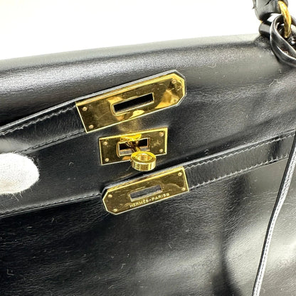 HERMES Kelly 35 con marchio S, borsa tote, borsa a mano con impunture, pelle di vitello box, da donna, nera - Etoilux