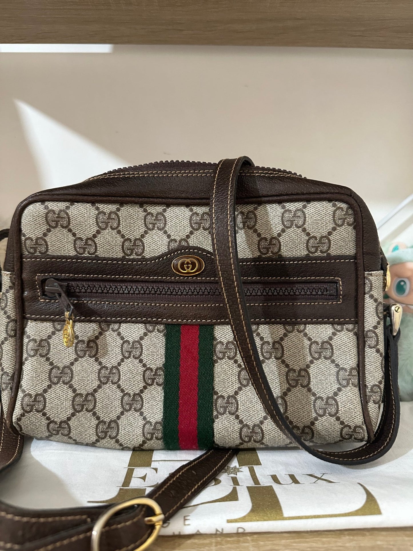 Gucci Accessory Collection Camera Bag GG Supreme Web – Tela e Pelle Marrone, anni '80 – 23 cm - Etoilux