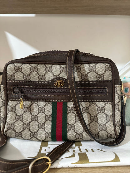 Gucci Accessory Collection Camera Bag GG Supreme Web – Tela e Pelle Marrone, anni '80 – 23 cm - Etoilux