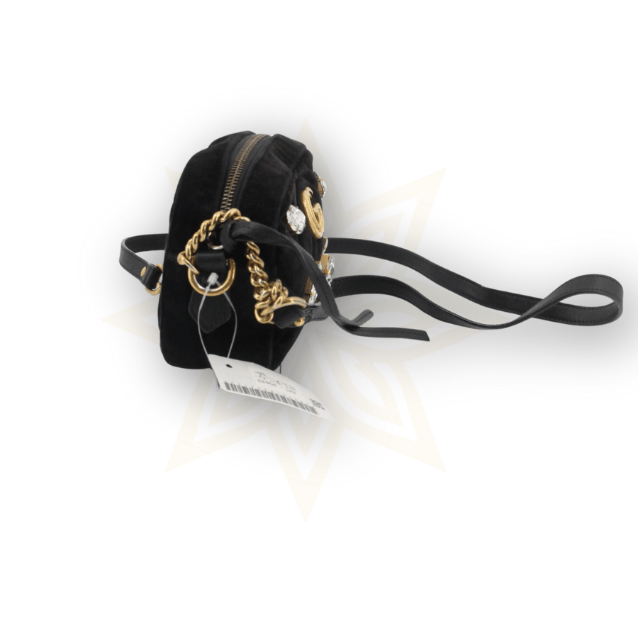 Gucci – GG Marmont Flap Bag in velluto matelassé con cristalli (misura media) - Etoilux