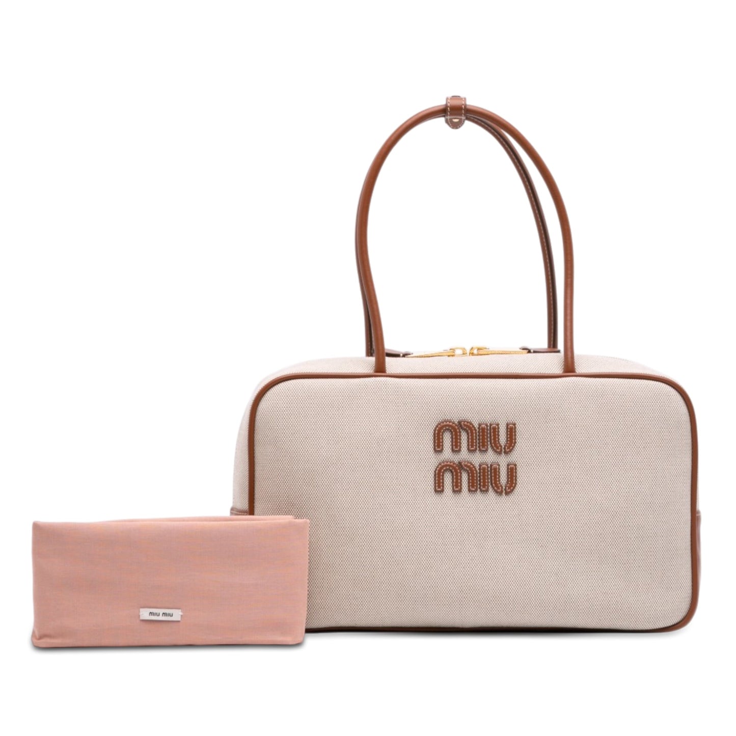 Borsa Miu Miu Beau in tela beige e pelle cuoio con logo applicato