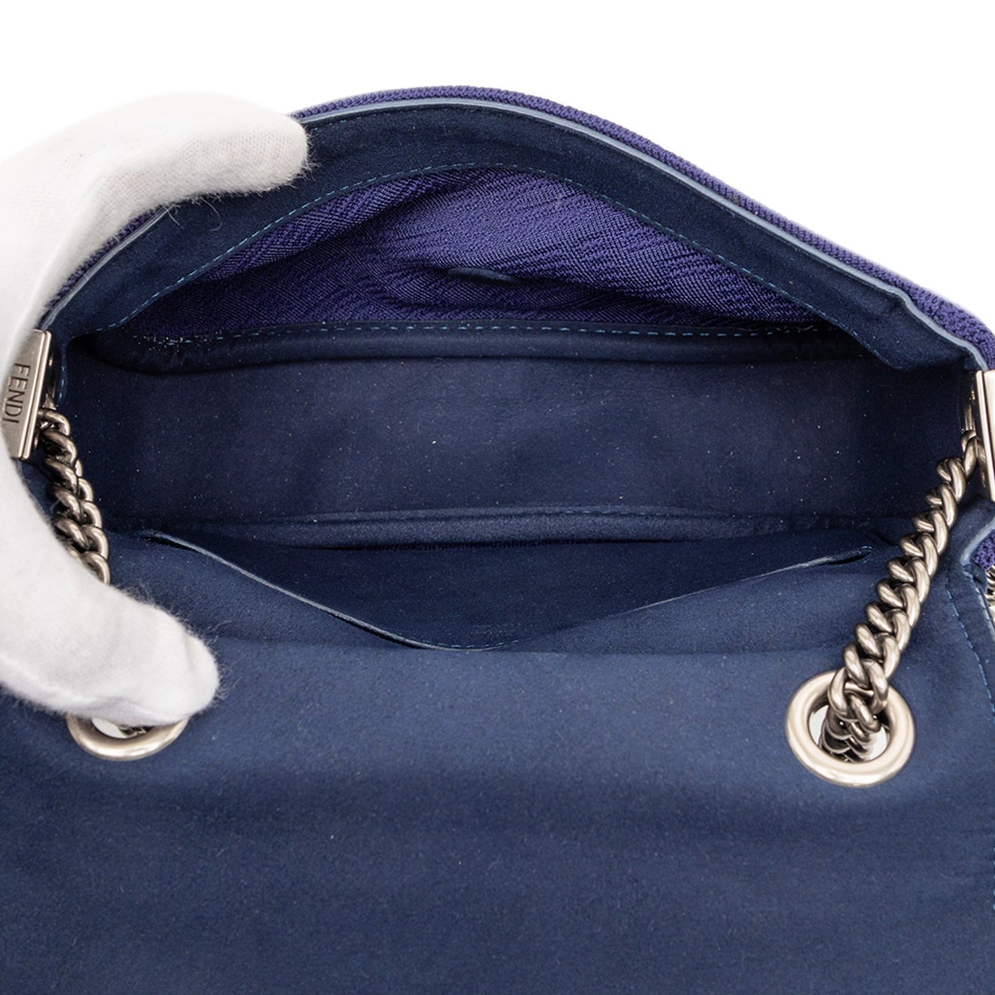 Fendi Baguette Chain Midi Tessuto Zucca in Rilievo Blu Navy – 22 cm - Etoilux