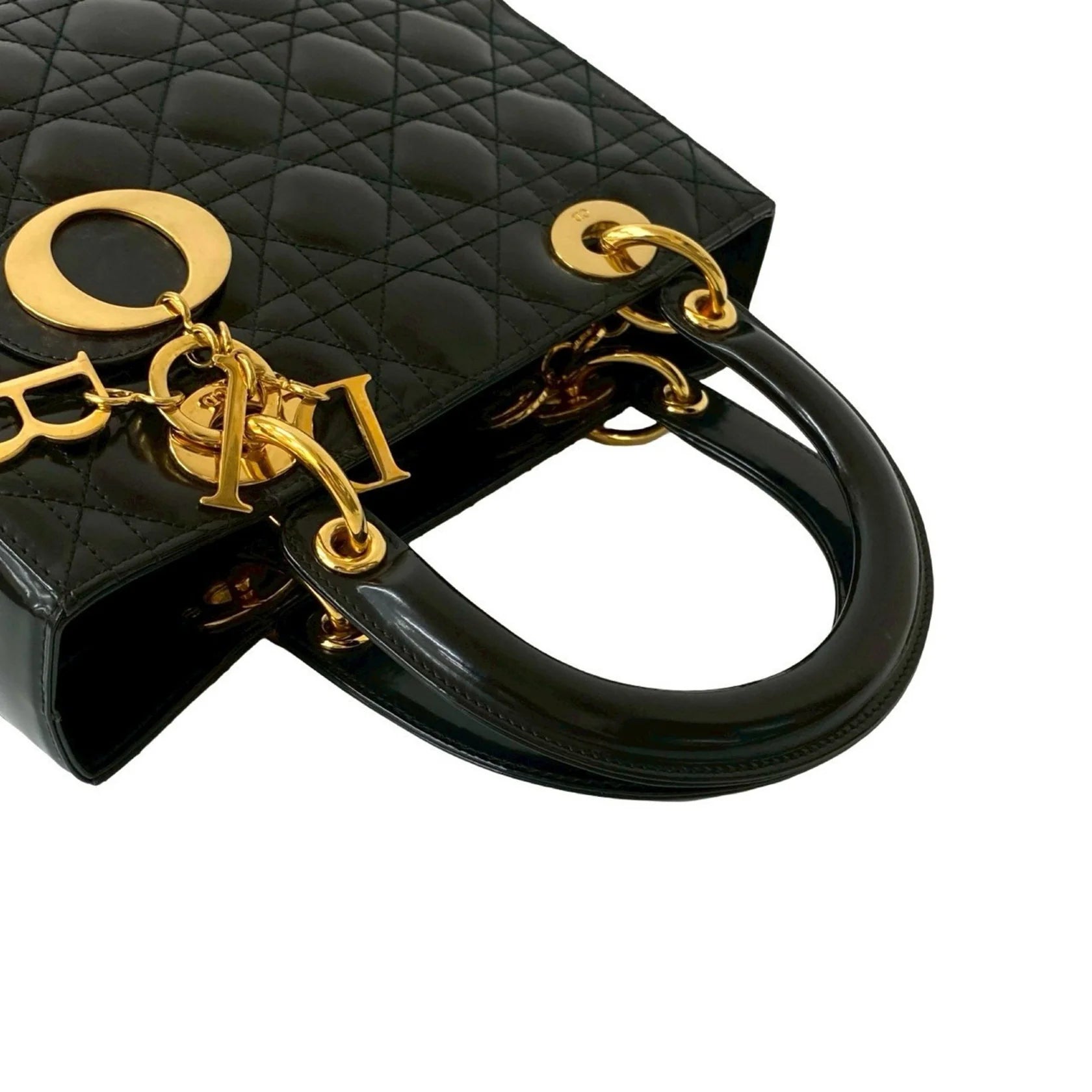 Christian Dior Borsa a mano Christian Dior Lady Cannage Stitch in pelle verniciata nera (43172) - Etoilux