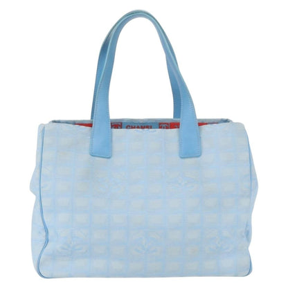 Chanel Travel Line tote media nylon jacquard blu cielo anni 2000 con monogramma CC e manico in pelle blu