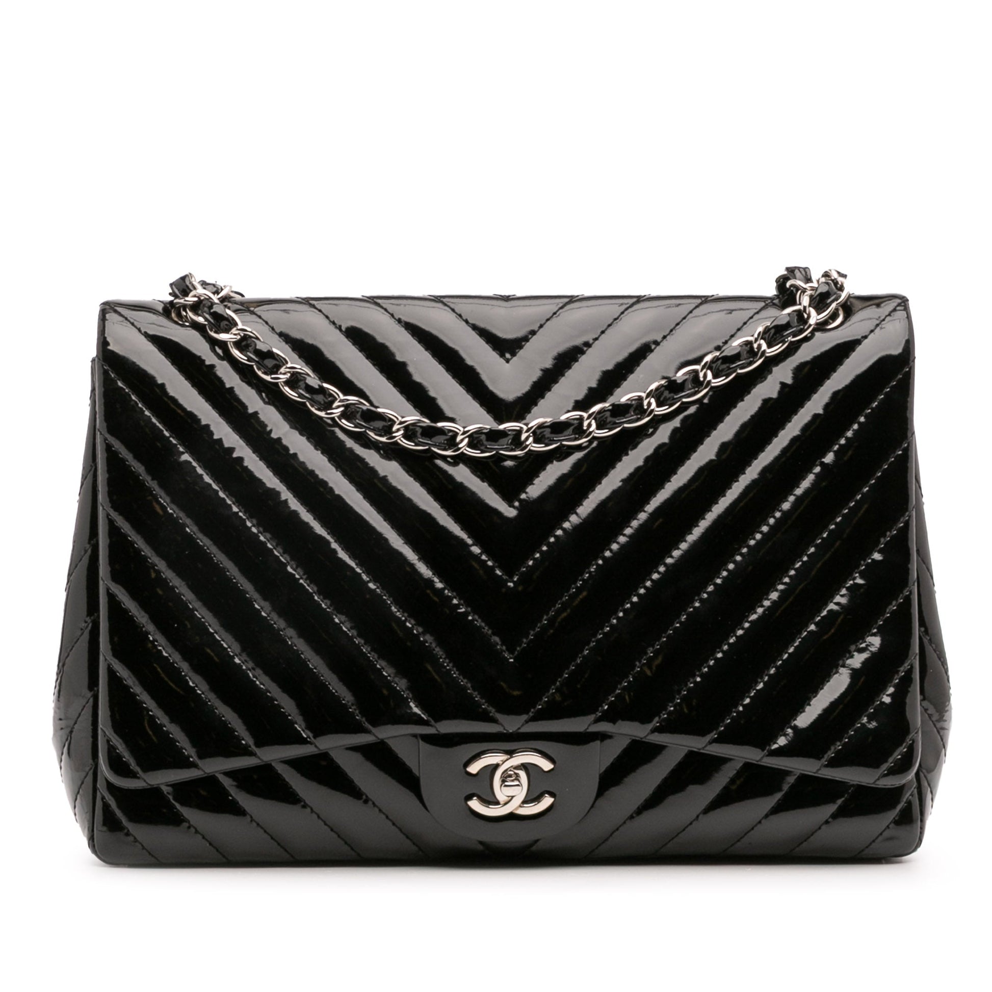 Chanel – Maxi Classic Chevron Patent Single Flap in pelle verniciata nera - Etoilux