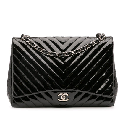 Chanel – Maxi Classic Chevron Patent Single Flap in pelle verniciata nera - Etoilux
