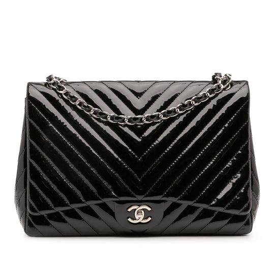 Chanel – Maxi Classic Chevron Patent Single Flap in pelle verniciata nera - Etoilux