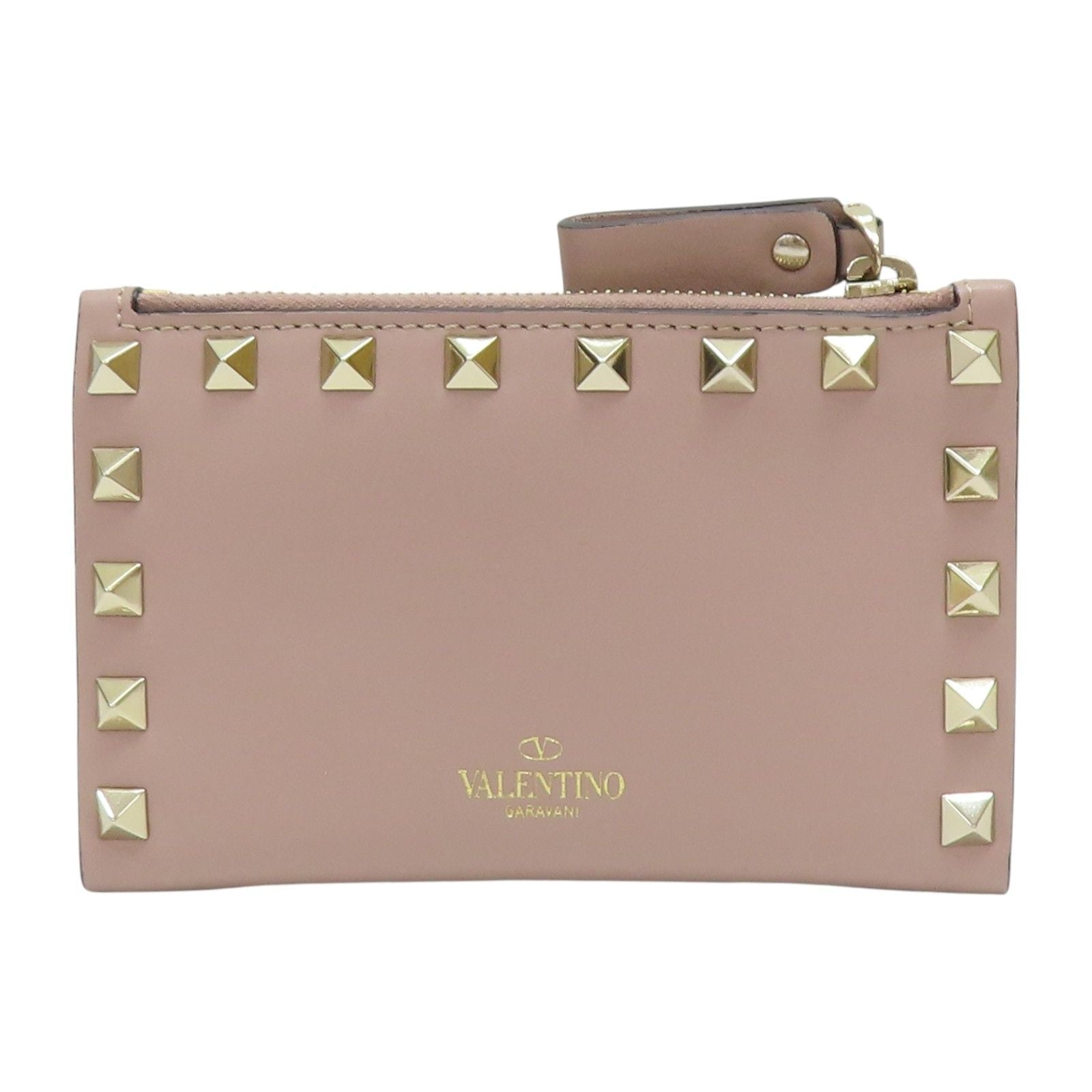 Valentino Garavani Rockstud portafoglio compatto rosa cipria hardware oro — fronte