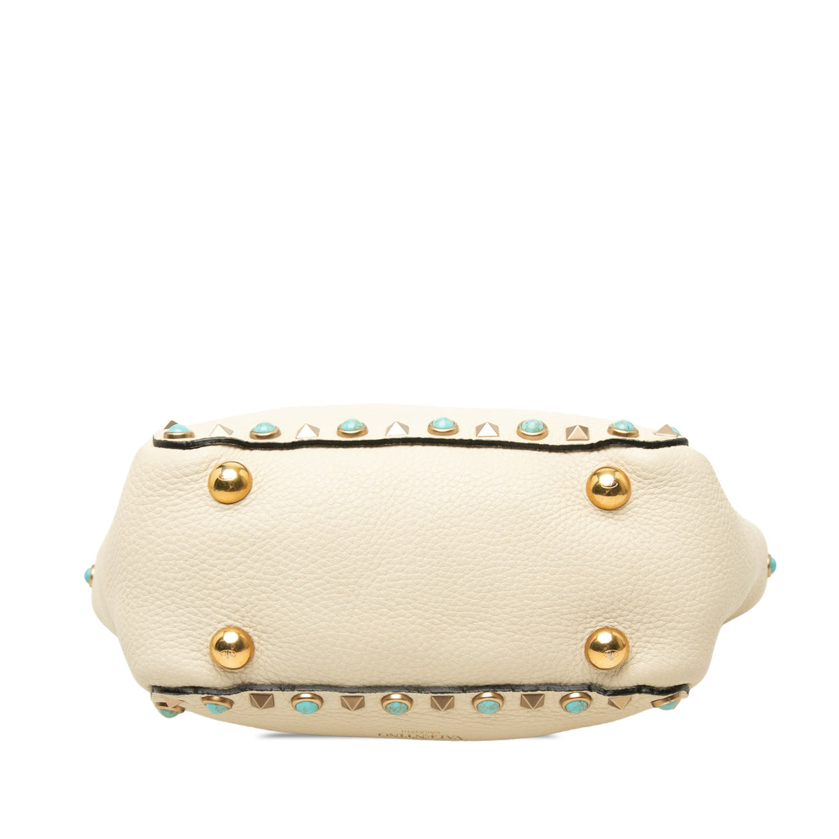 Valentino Garavani Rockstud Rolling Mini Tote – Vitello Martellato Avorio e Cabochon Turchese – 18,5 cm - Etoilux