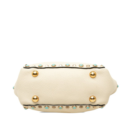 Valentino Garavani Rockstud Rolling Mini Tote – Vitello Martellato Avorio e Cabochon Turchese – 18,5 cm - Etoilux