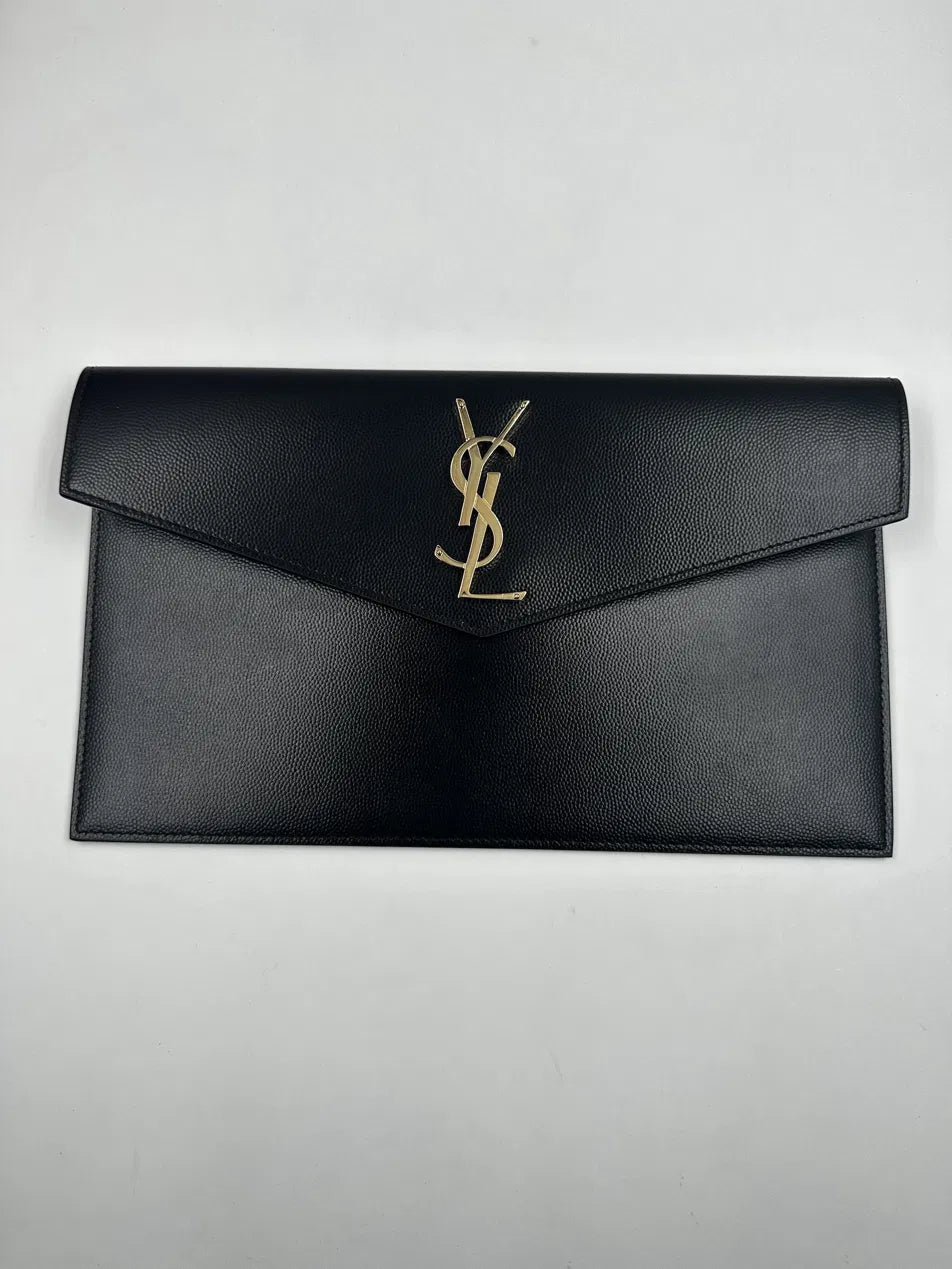 Saint Laurent Uptown Pouch Grain de Poudre Nera Hardware Oro – 27 cm - Etoilux