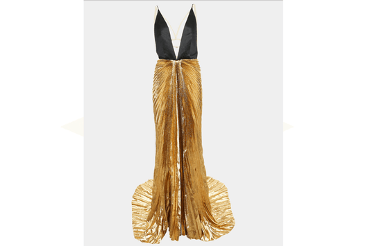 Gucci Abito da sera Gucci in raso di seta e lamé plissettato color oro metallizzato con dettagli a imbracatura L - Etoilux