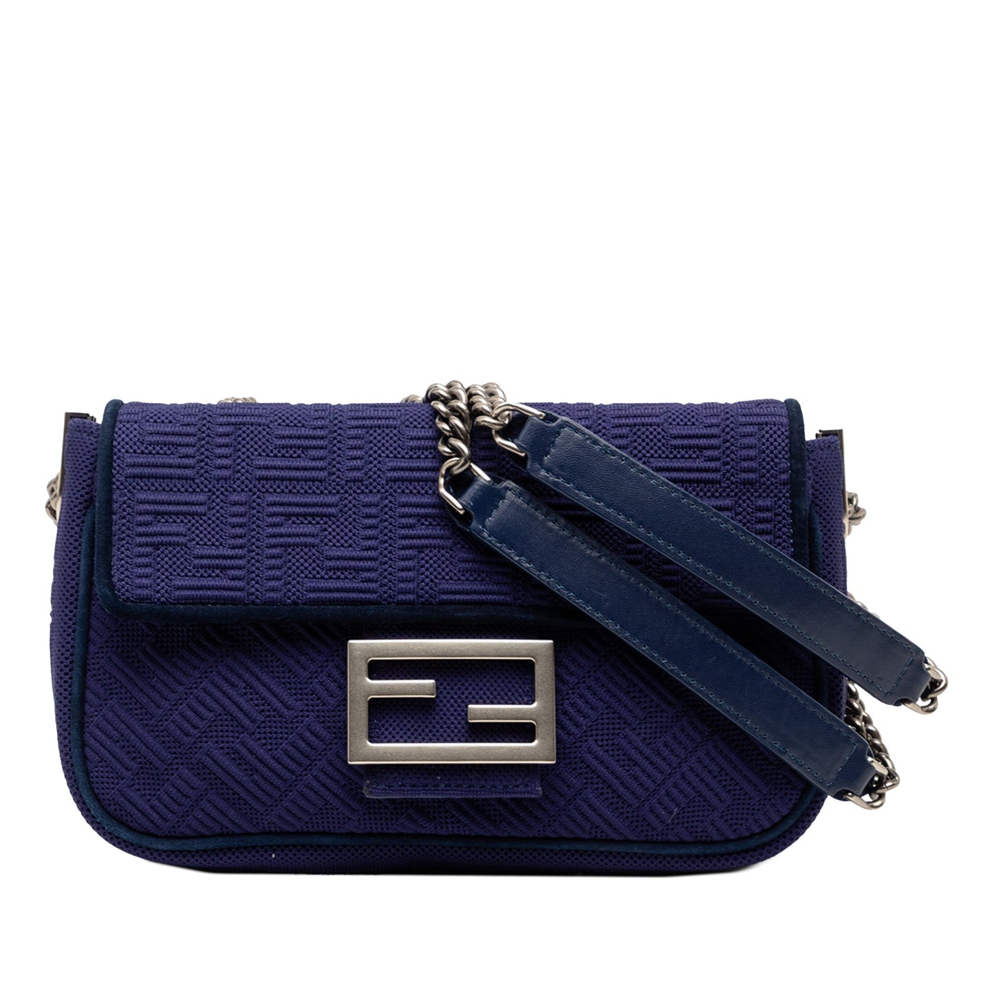 Fendi Baguette Chain Midi blu navy tessuto Zucca in rilievo vista frontale con fibbia FF argento