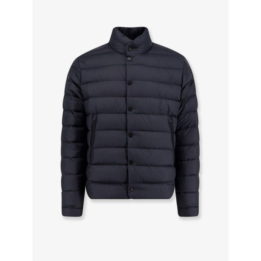 Piumino Moncler Lyco Ultrasoft Nylon Blu Uomo con logo gommato sulla manica.